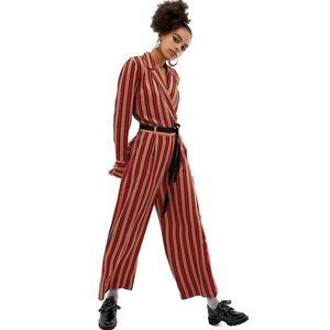 ASOS/COLLUSION long sleeve tie-waist wrap jumpsuit in red & brown/tan stripe